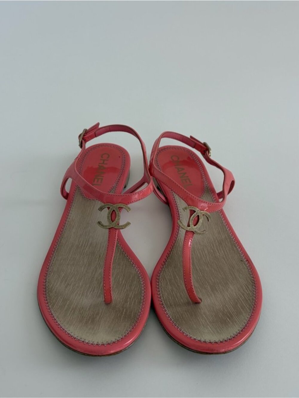 Chanel Interlocking CC Logo Patent Leather T-Strap Sandals Pink